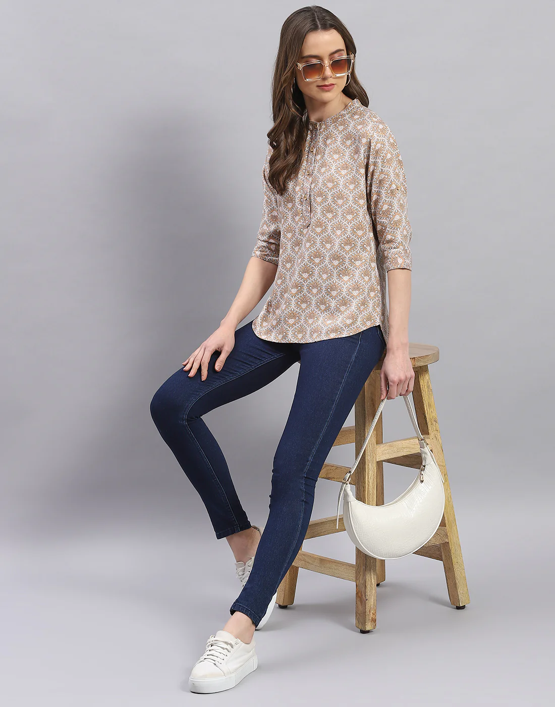 Women Brown Printed Mandarin Collar 3/4 Sleeve Top - Image 2