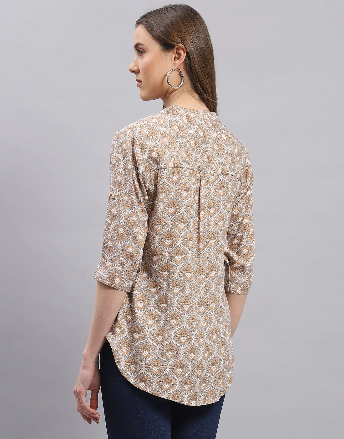 Women Brown Printed Mandarin Collar 3/4 Sleeve Top - Image 5