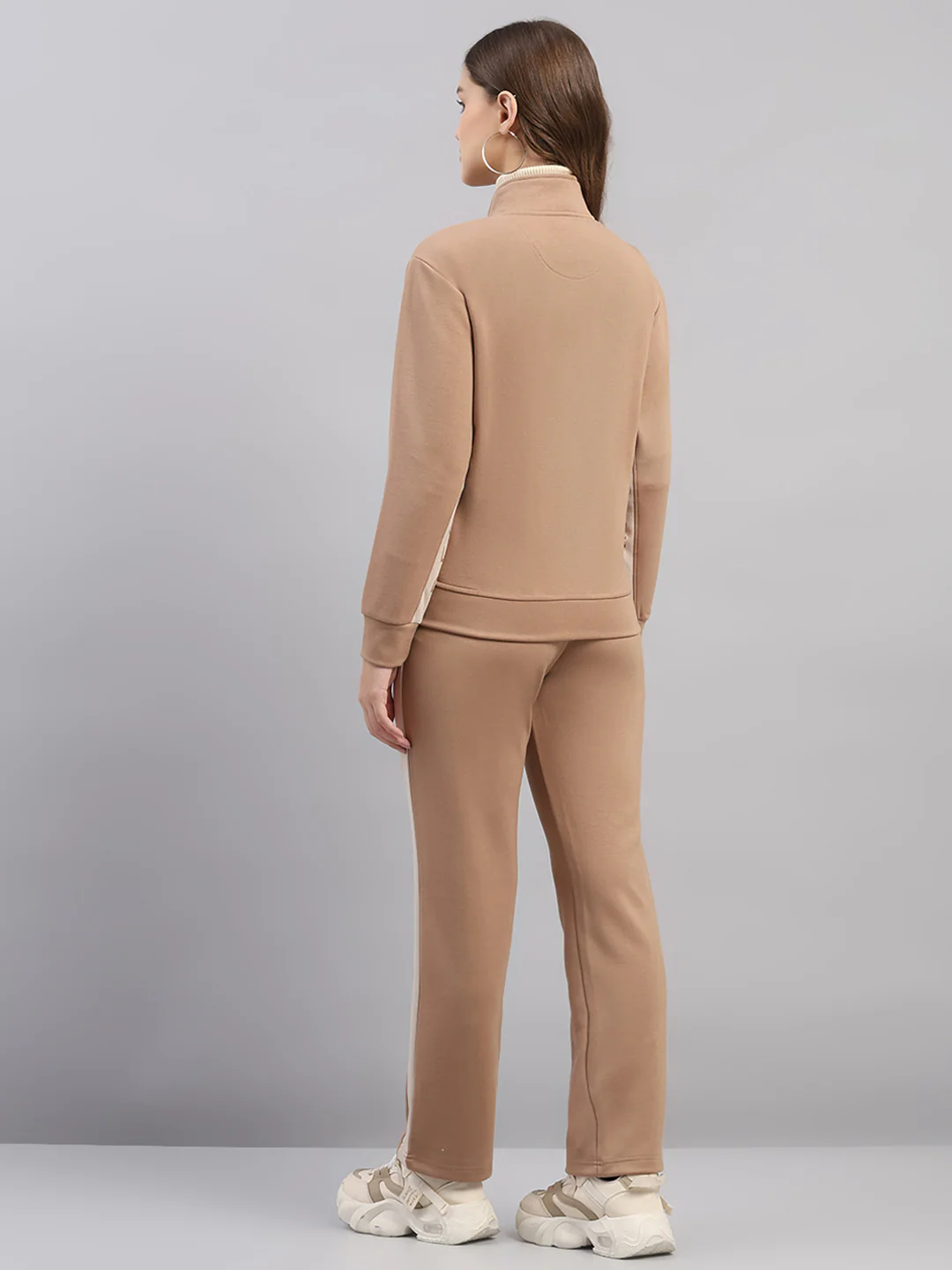 Women Brown Printed Mock Neck Full Sleeve Winter Tracksuit - Image 5