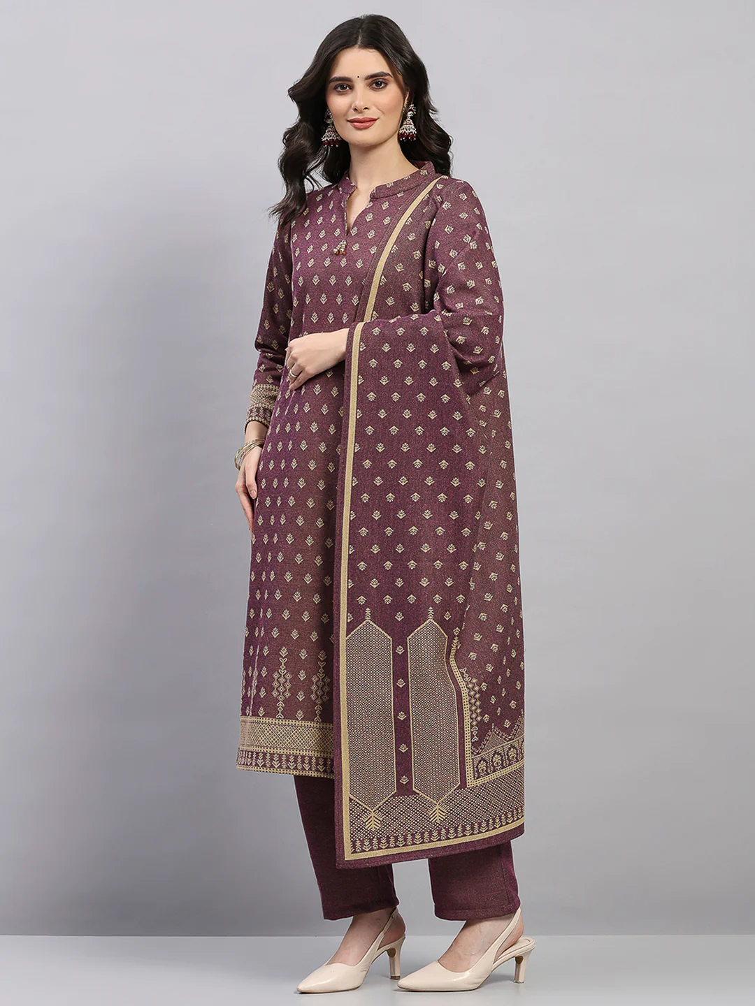 Women Brown Printed Round Neck Full Sleeve 3 Pc Kurti Set for Winter - Image 3