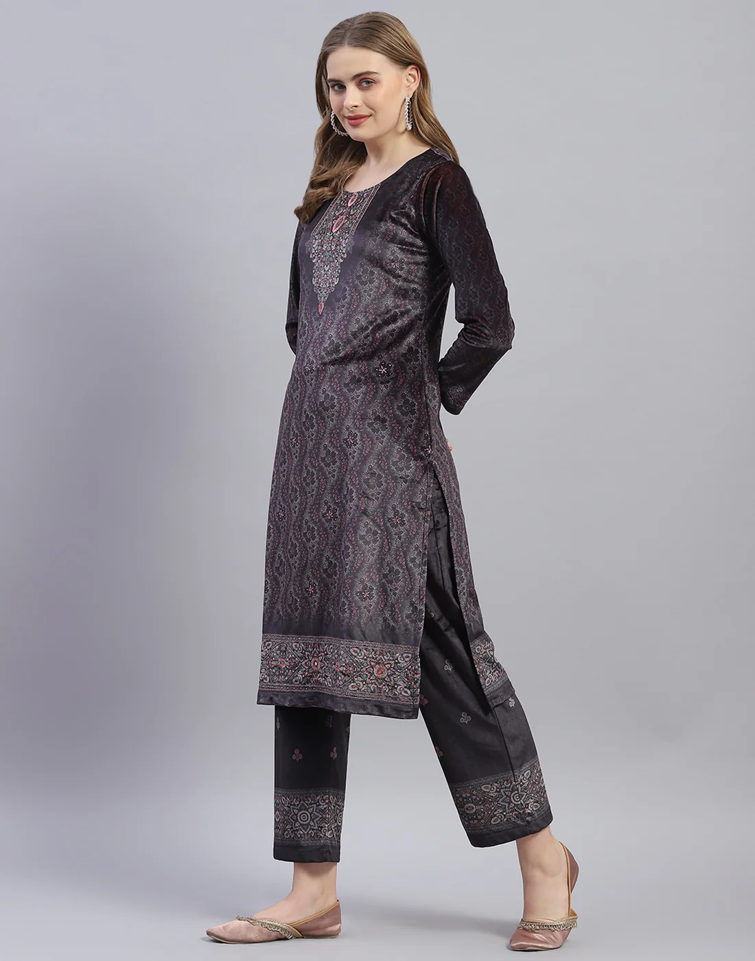 Women Brown Printed Round Neck Full Sleeve Kurti+Lower Set - Image 3