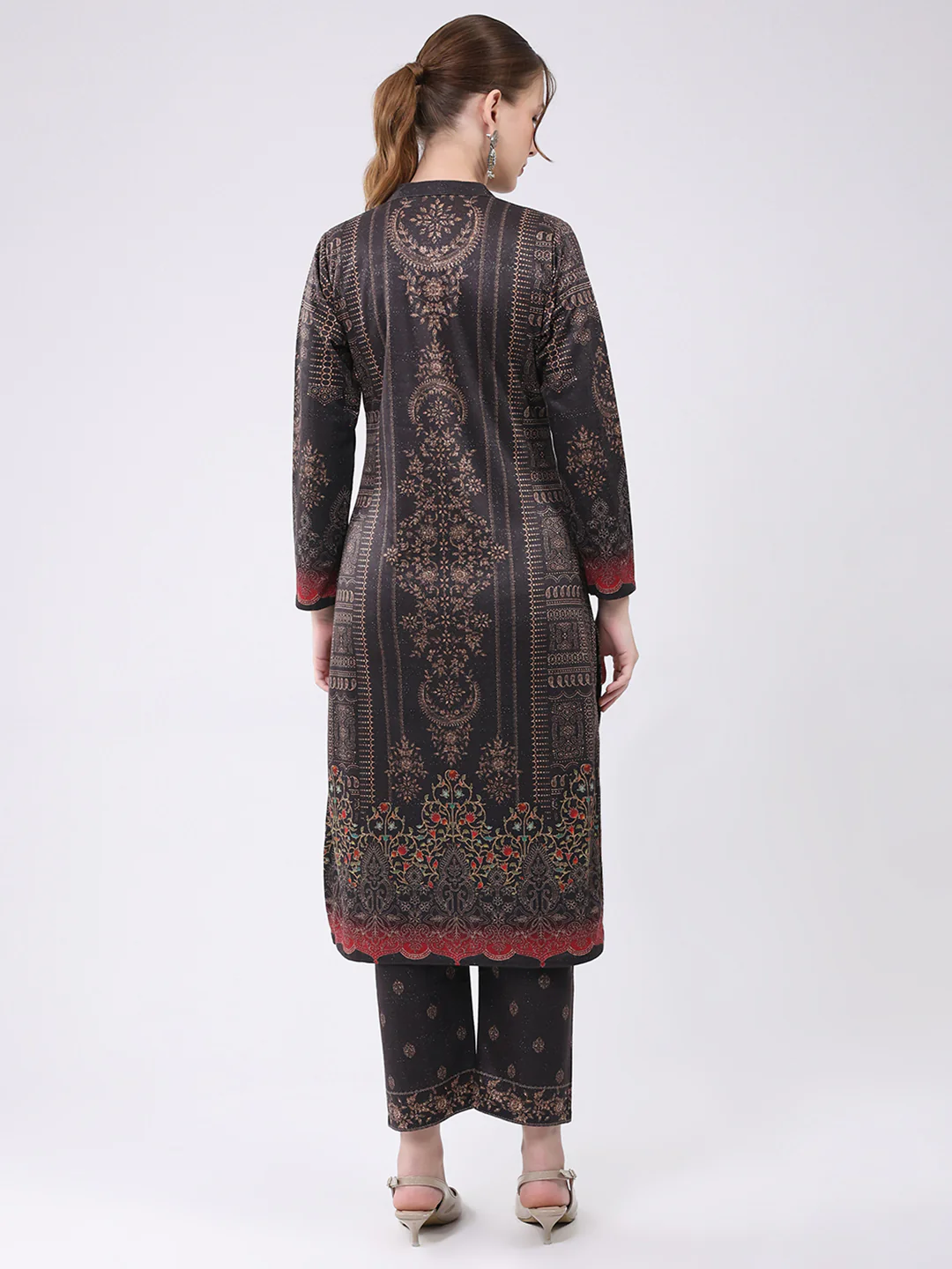 Women Brown Printed Round Neck Full Sleeve Kurti Set for Winter - Image 5