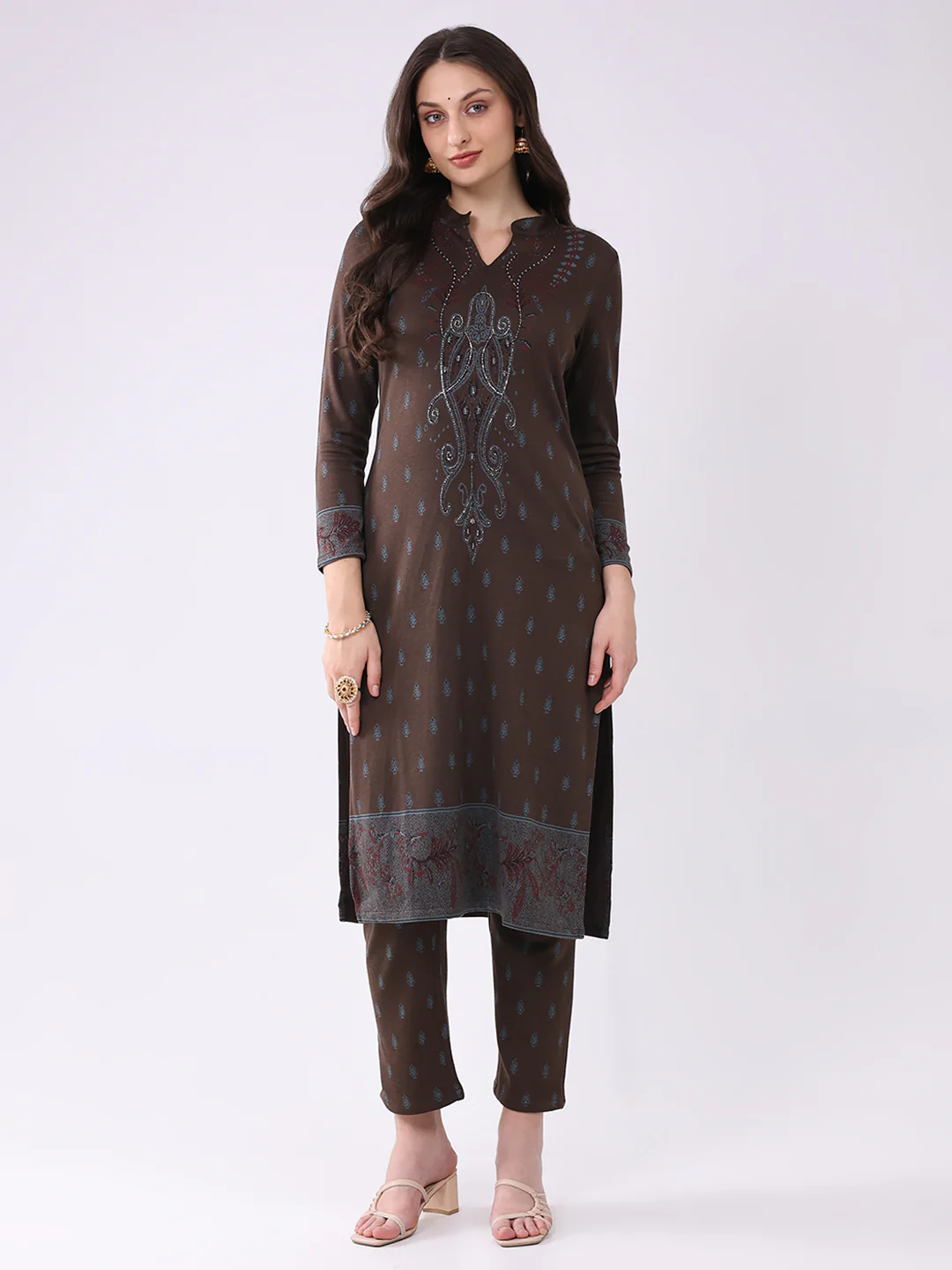 Women Brown Printed Round Neck Full Sleeve Kurti Set for Winter