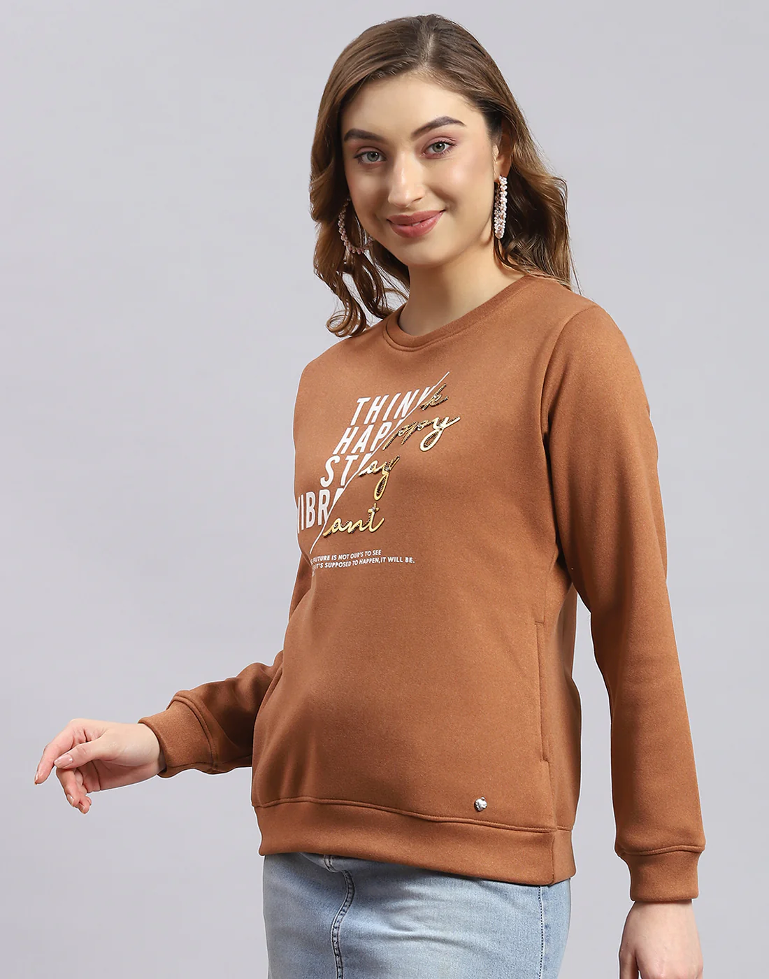 Women Brown Printed Round Neck Full Sleeve Sweatshirt - Image 3