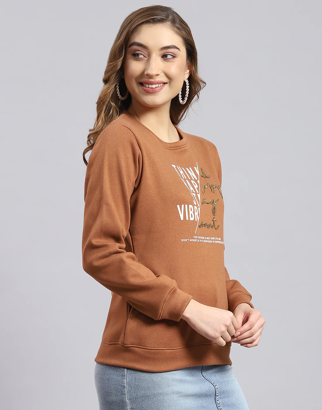 Women Brown Printed Round Neck Full Sleeve Sweatshirt - Image 4