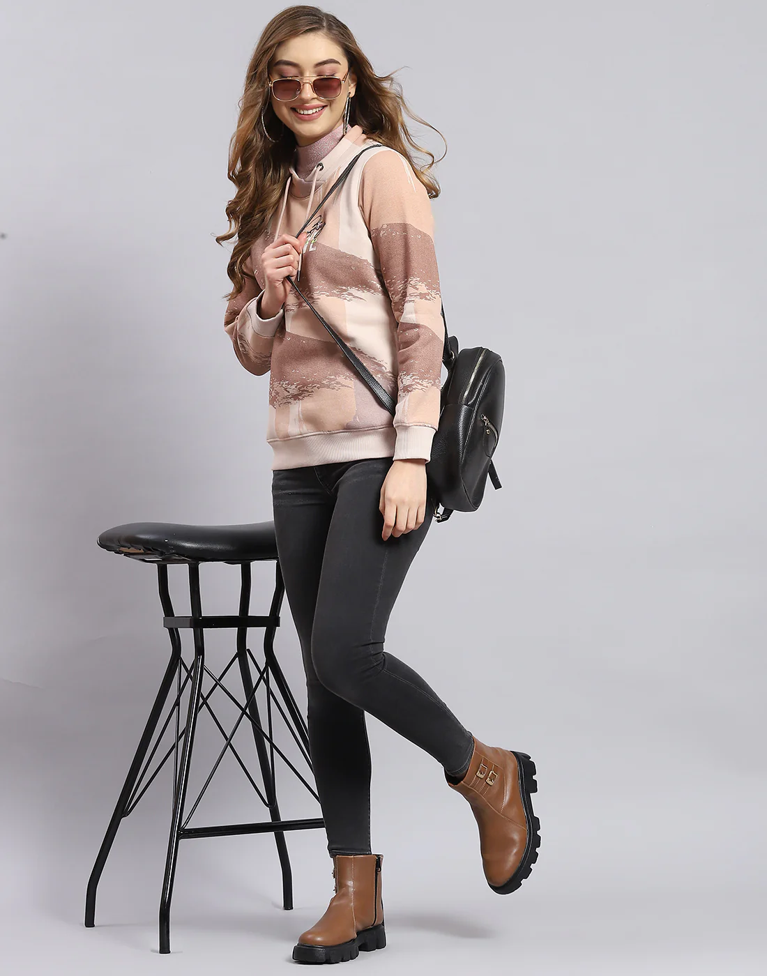 Women Brown Printed Round Neck Full Sleeve Sweatshirt - Image 2