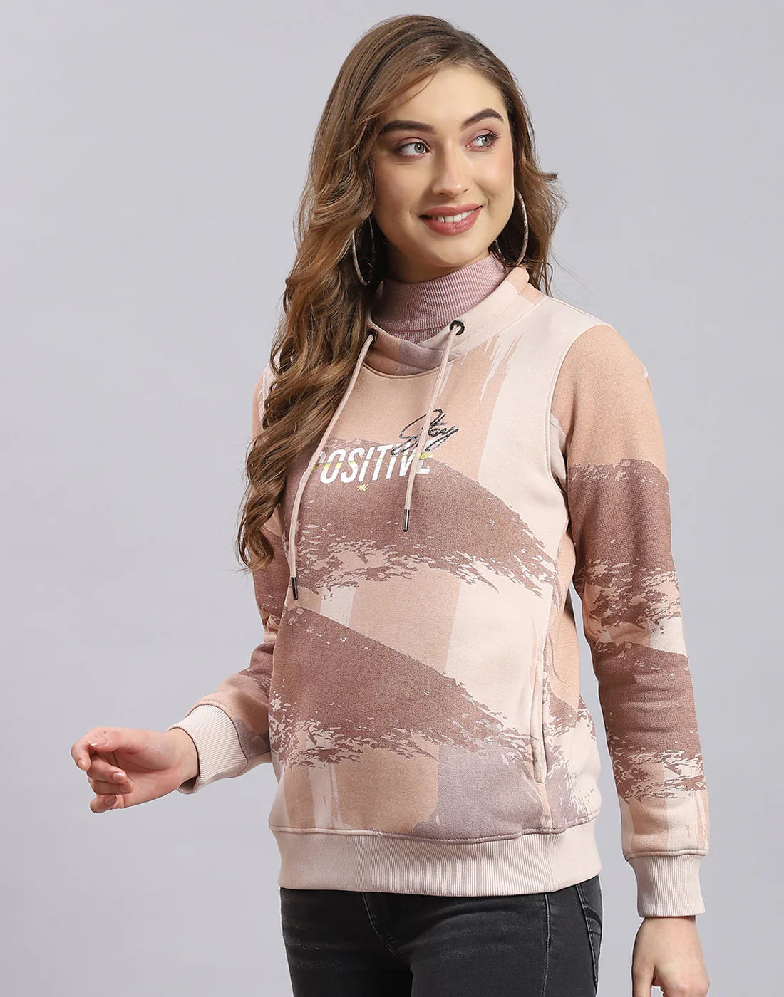 Women Brown Printed Round Neck Full Sleeve Sweatshirt - Image 3
