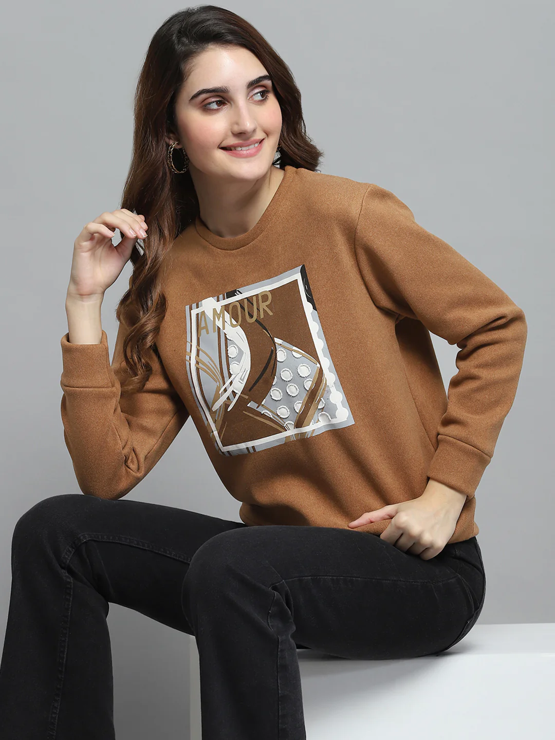 Women Brown Printed Round Neck Full Sleeve Sweatshirt - Image 6