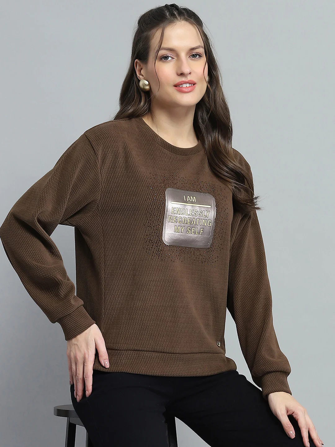 Women Brown Printed Round Neck Full Sleeve Sweatshirt - Image 6