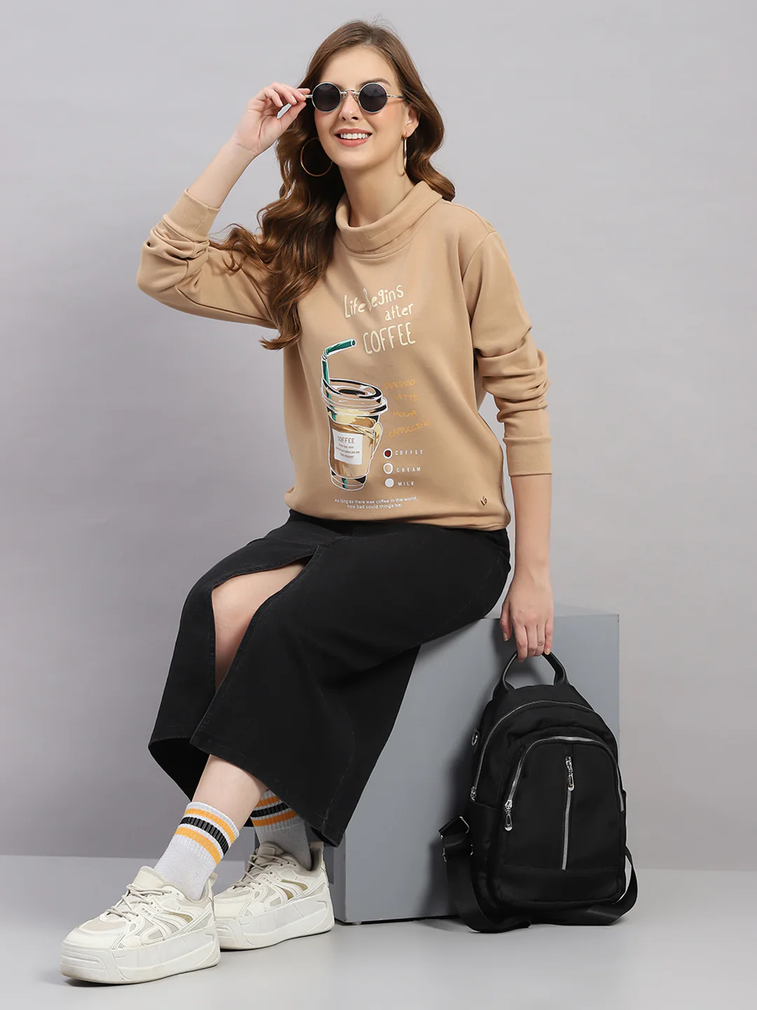 Women Brown Printed Round Neck Full Sleeve Sweatshirt - Image 2
