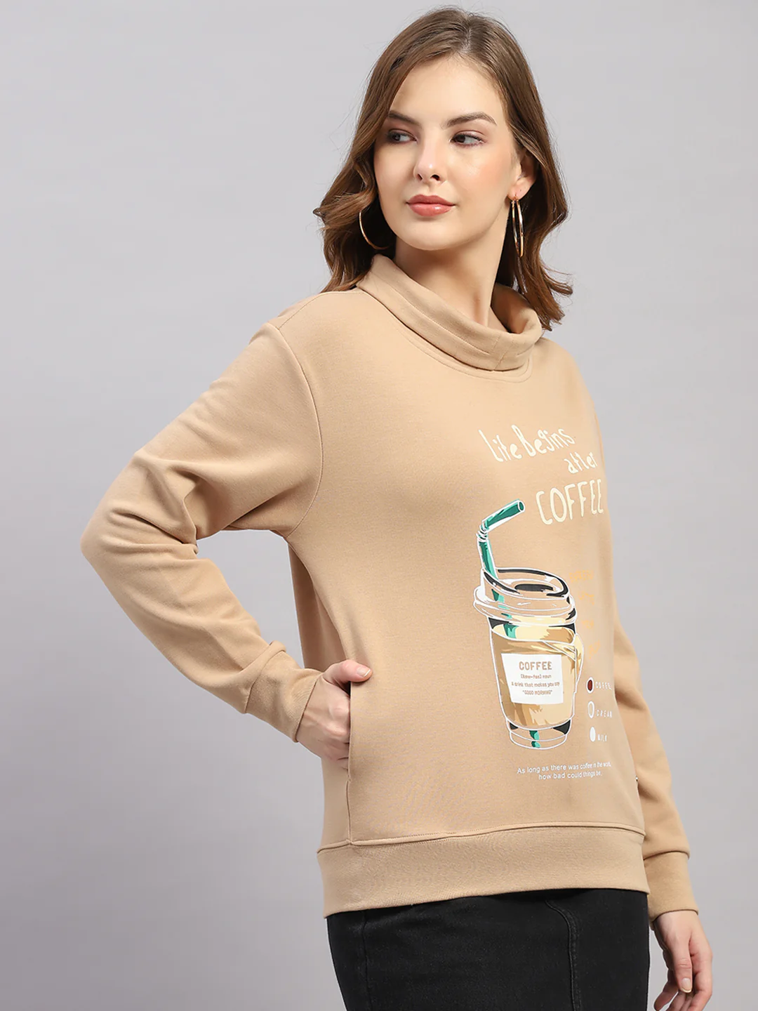 Women Brown Printed Round Neck Full Sleeve Sweatshirt - Image 4