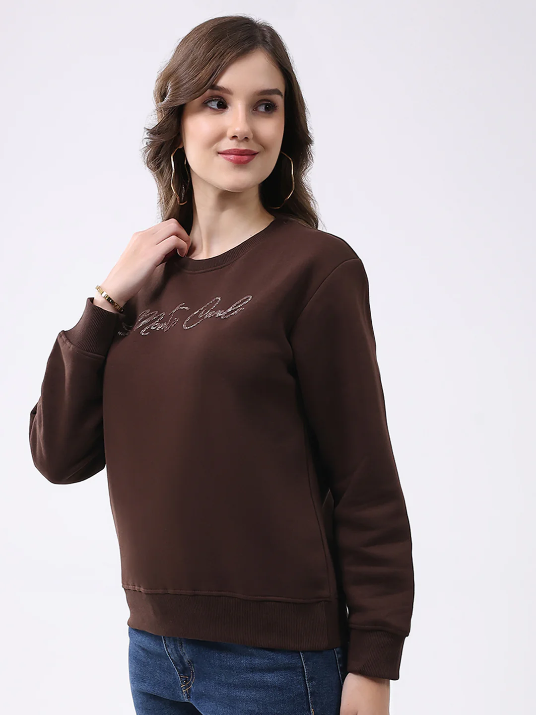Women Brown Printed Round Neck Full Sleeve Sweatshirt - Image 3