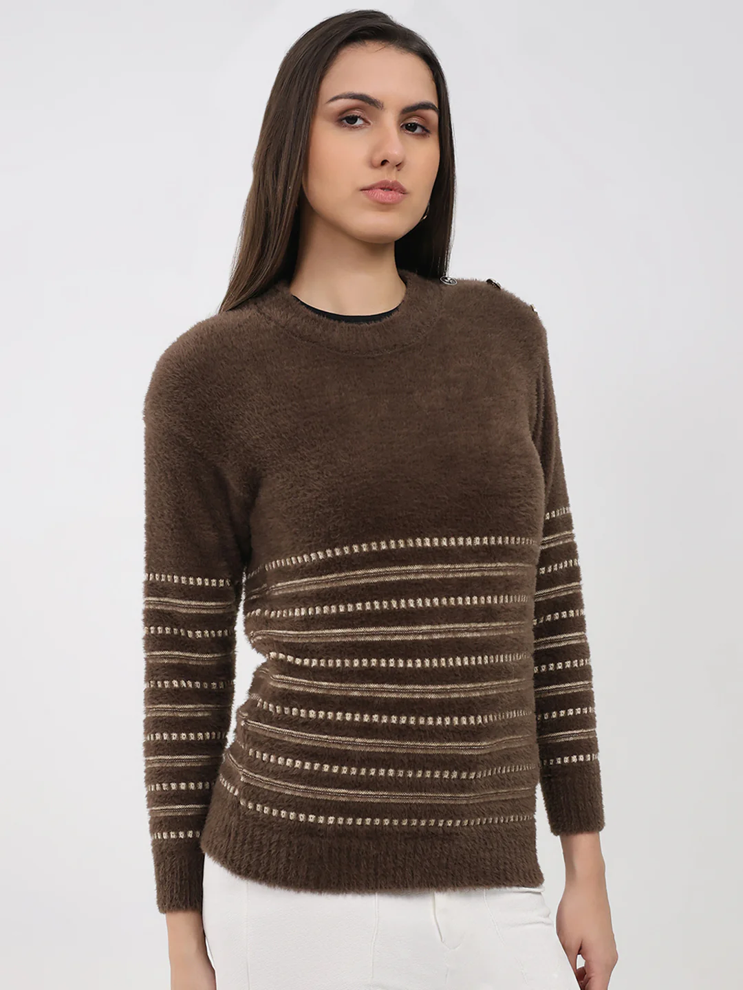 Women Brown Printed Round Neck Full Sleeve Winter Top - Image 4