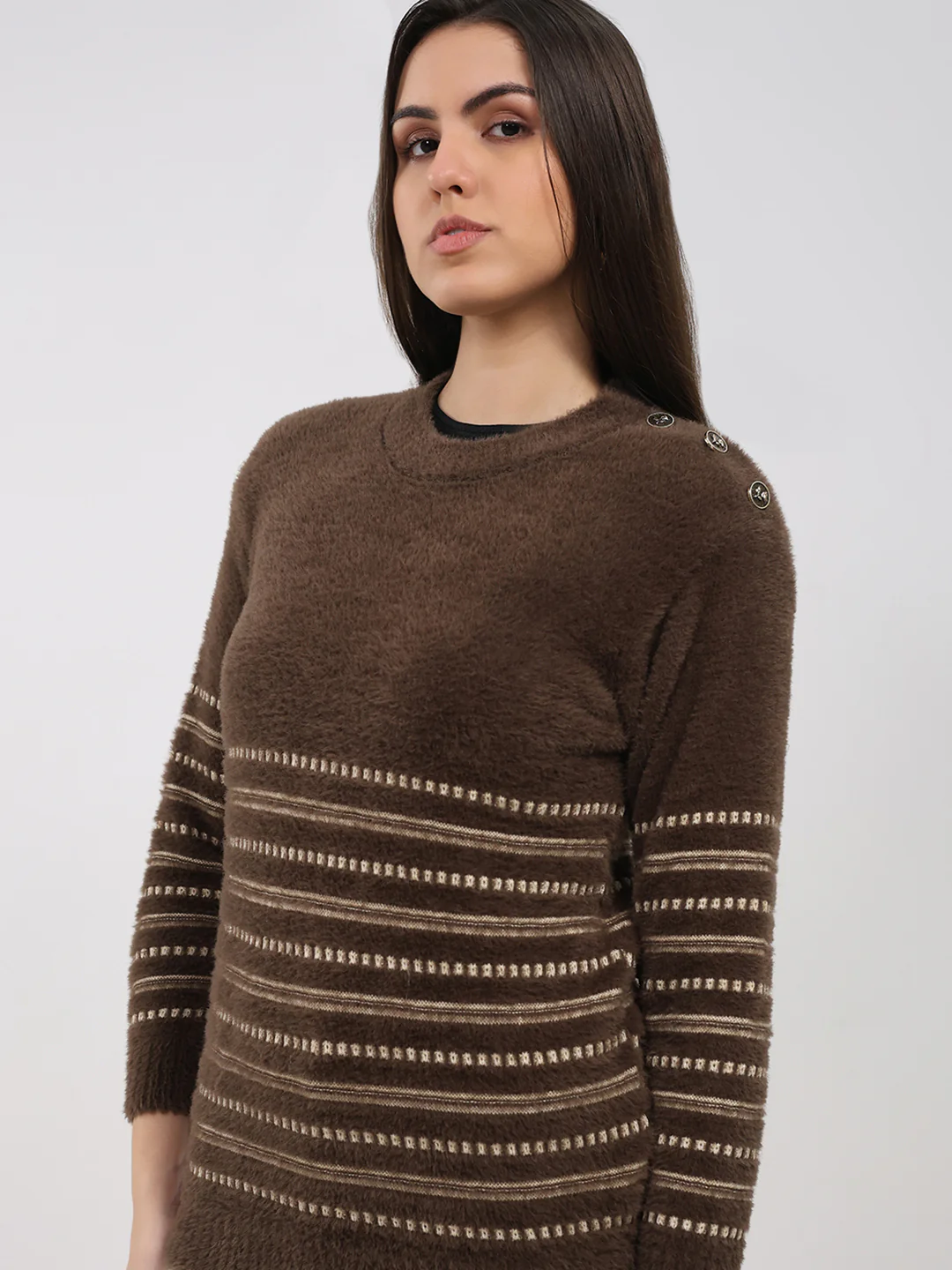 Women Brown Printed Round Neck Full Sleeve Winter Top - Image 6