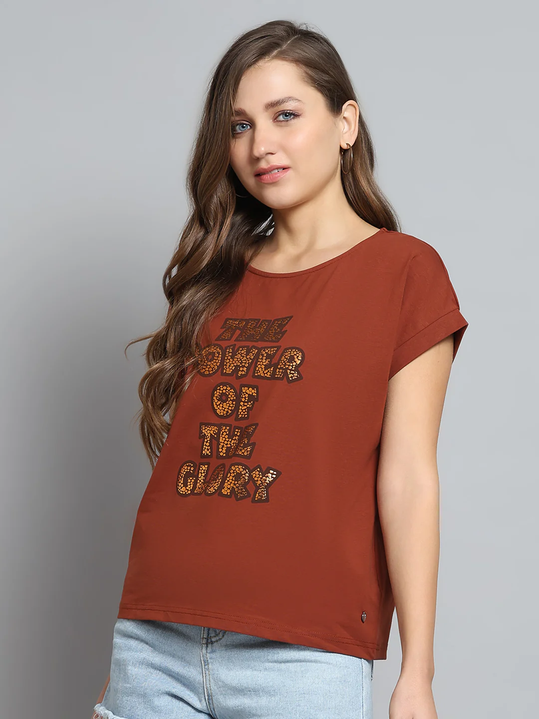 Women Brown Printed Round Neck Half Sleeve Top - Image 3