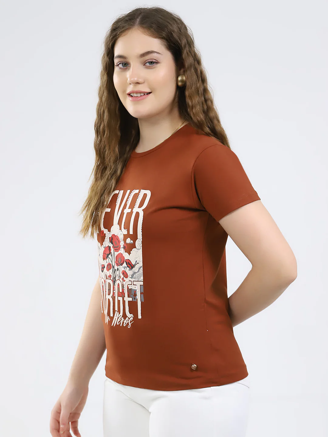 Women Brown Printed Round Neck Half Sleeve Top - Image 3