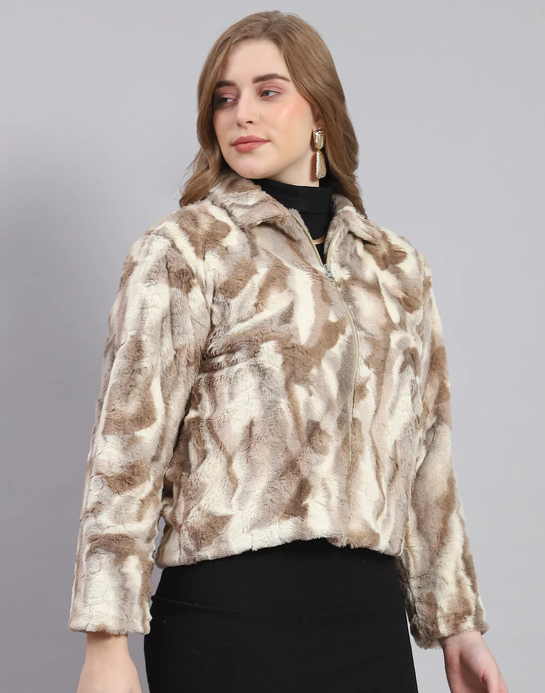 Women Brown Printed Stand Collar Full Sleeve Jacket - Image 4