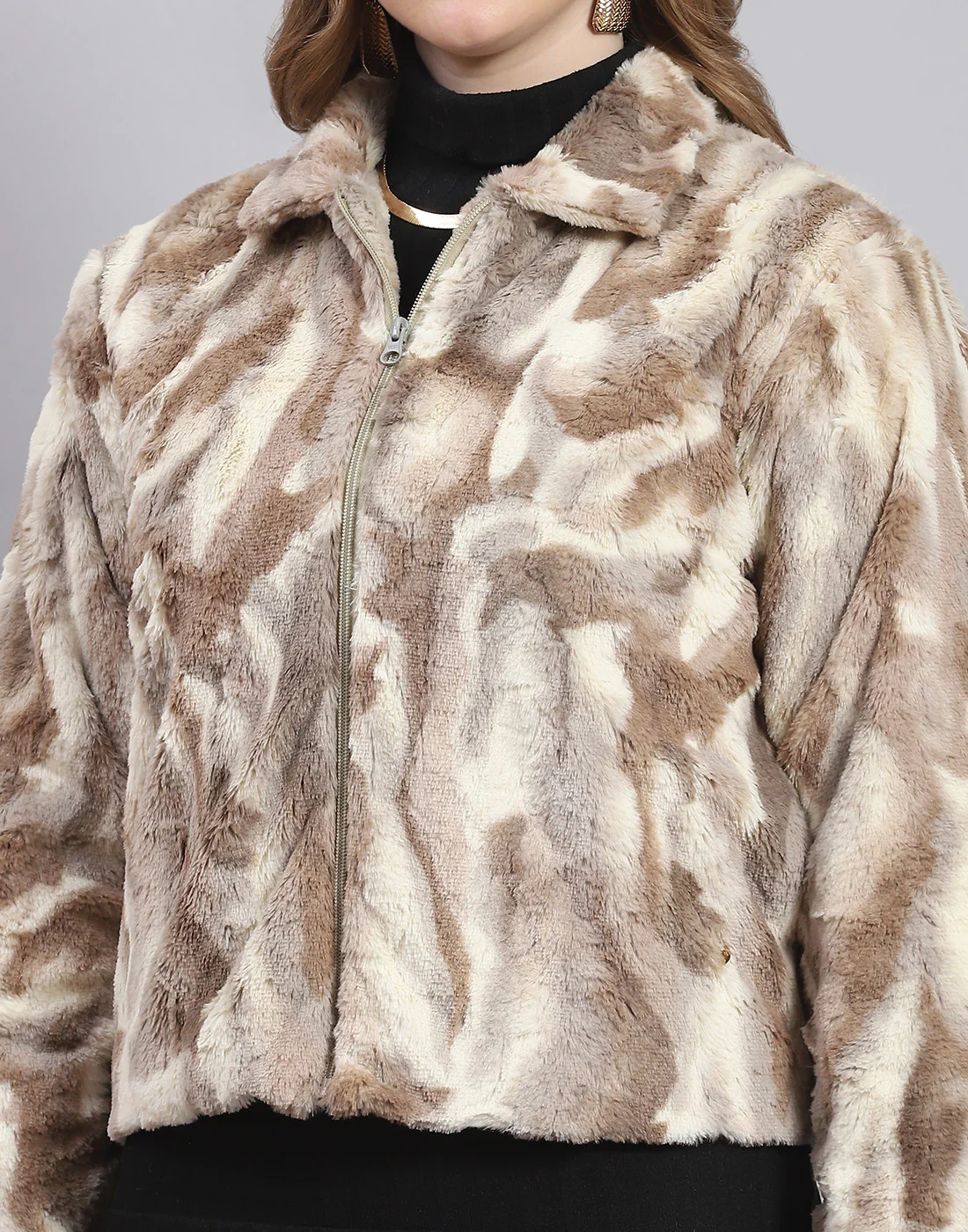 Women Brown Printed Stand Collar Full Sleeve Jacket - Image 6