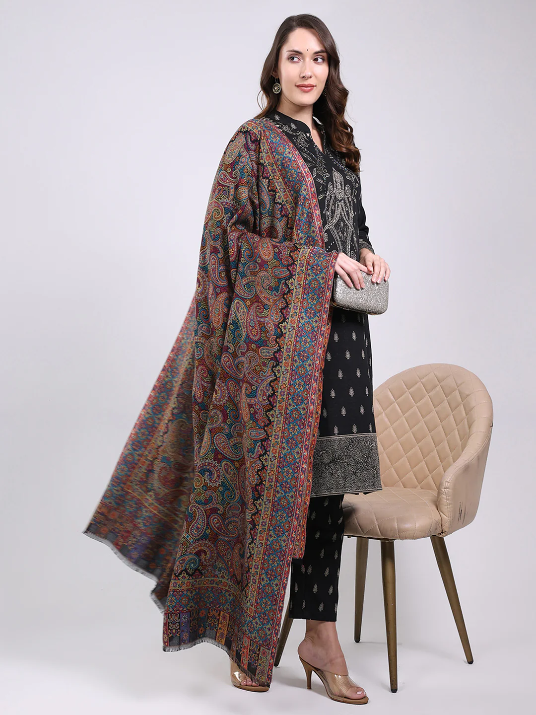 Women Brown Printed Wool Blend Shawl - Image 5