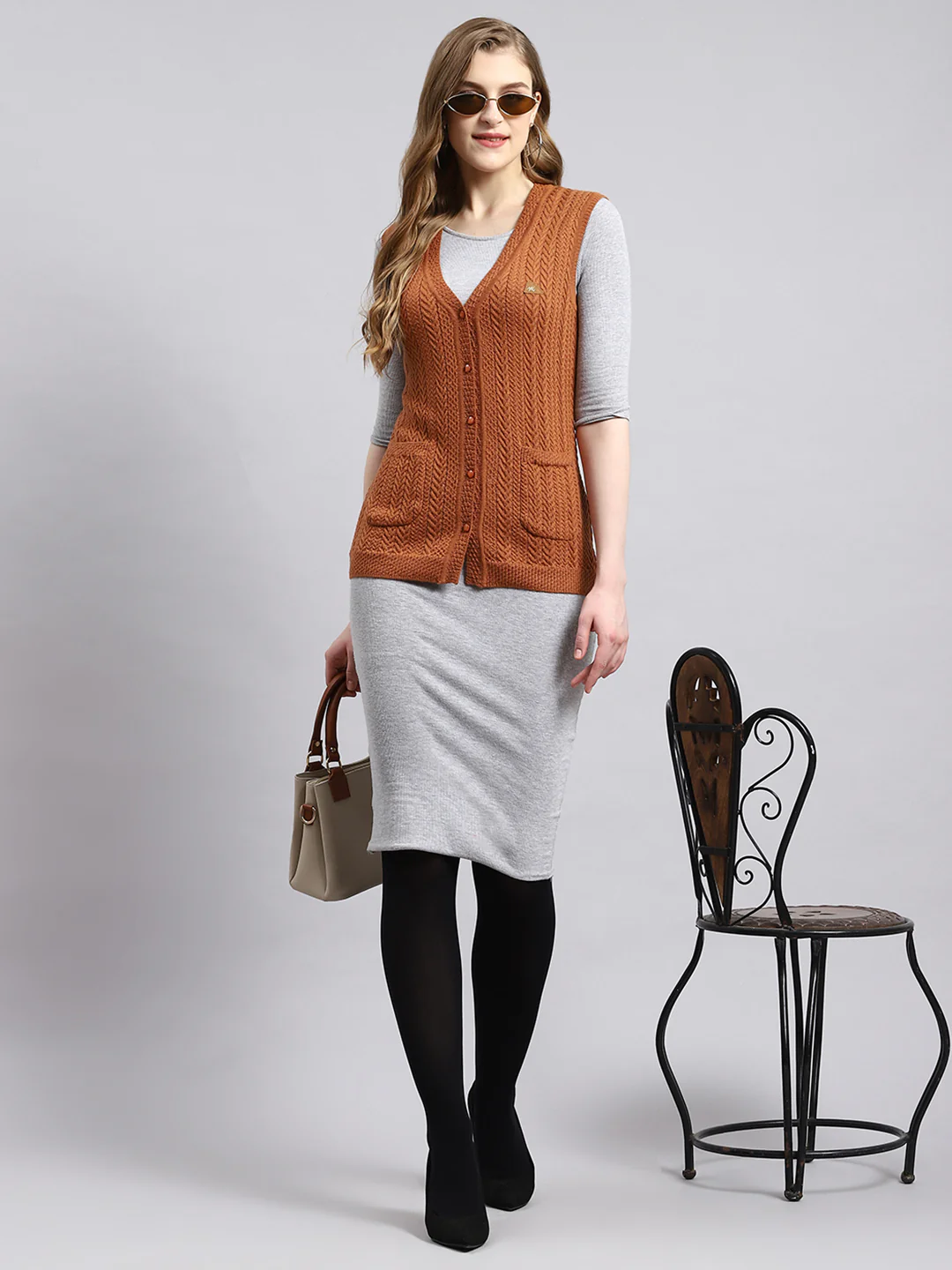 Women Brown Self Cardigan - Image 5