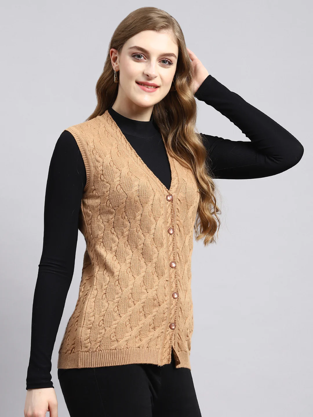 Women Brown Self Cardigan - Image 2