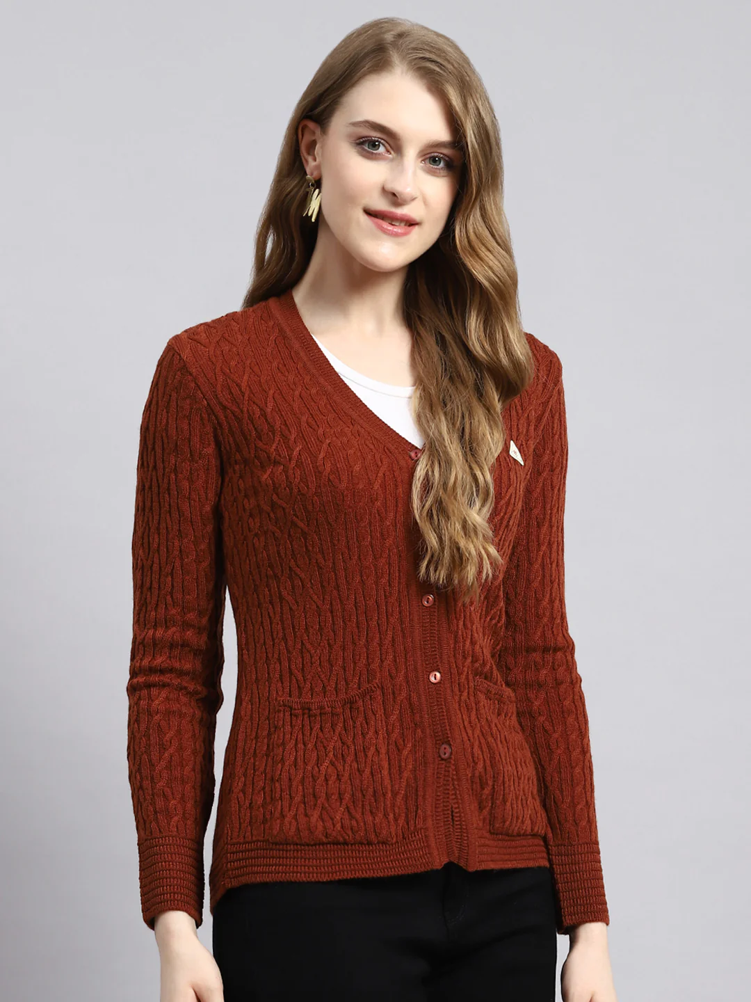 Women Brown Self Cardigan - Image 2