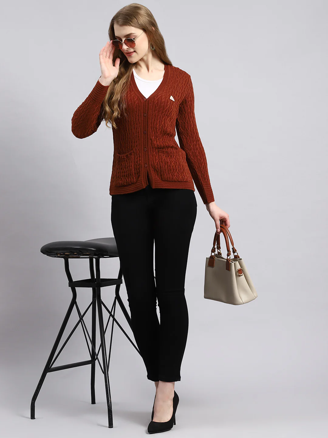 Women Brown Self Cardigan - Image 5