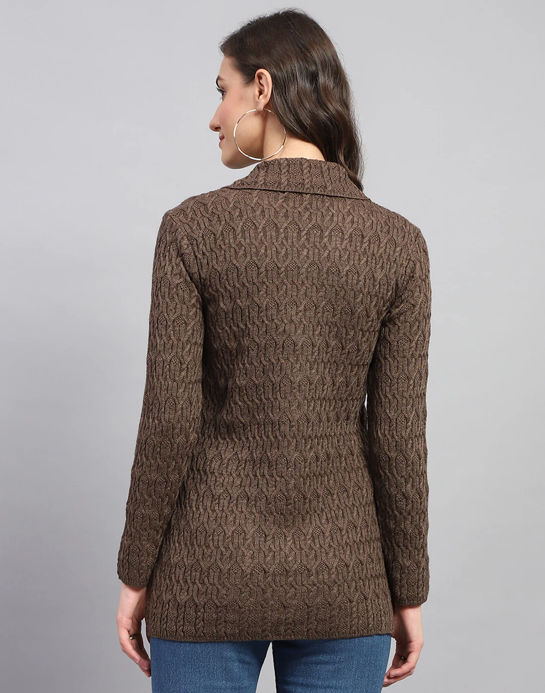 Women Brown Self Design Collar Full Sleeve Cardigan - Image 6