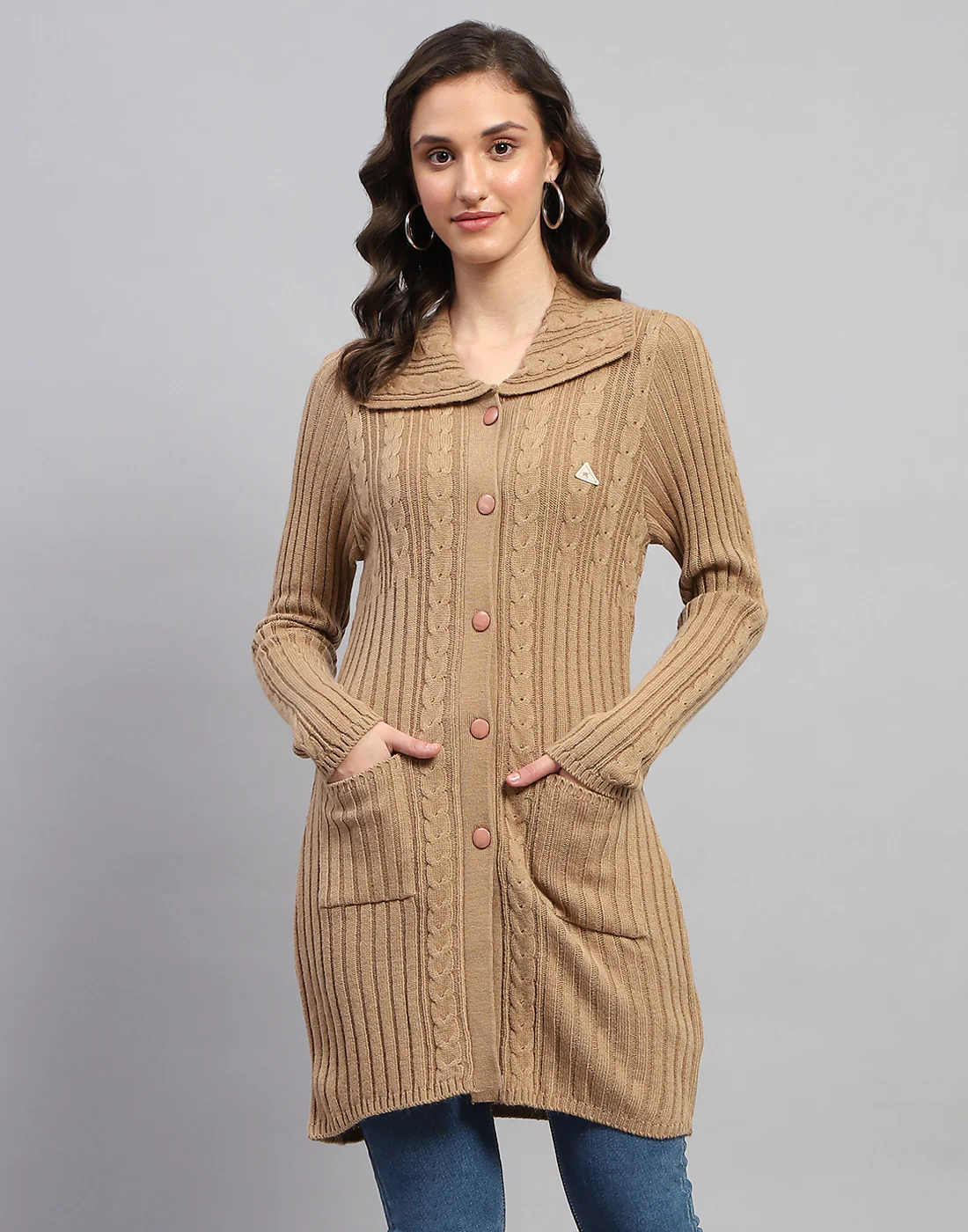 Women Brown Self Design Collar Full Sleeve Cardigan - Image 2