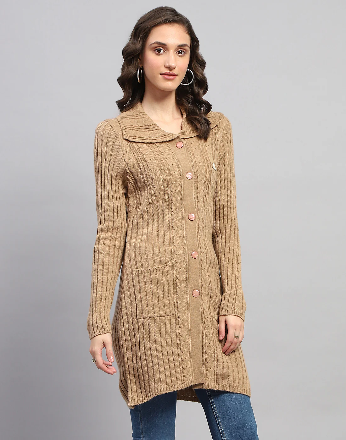 Women Brown Self Design Collar Full Sleeve Cardigan - Image 4