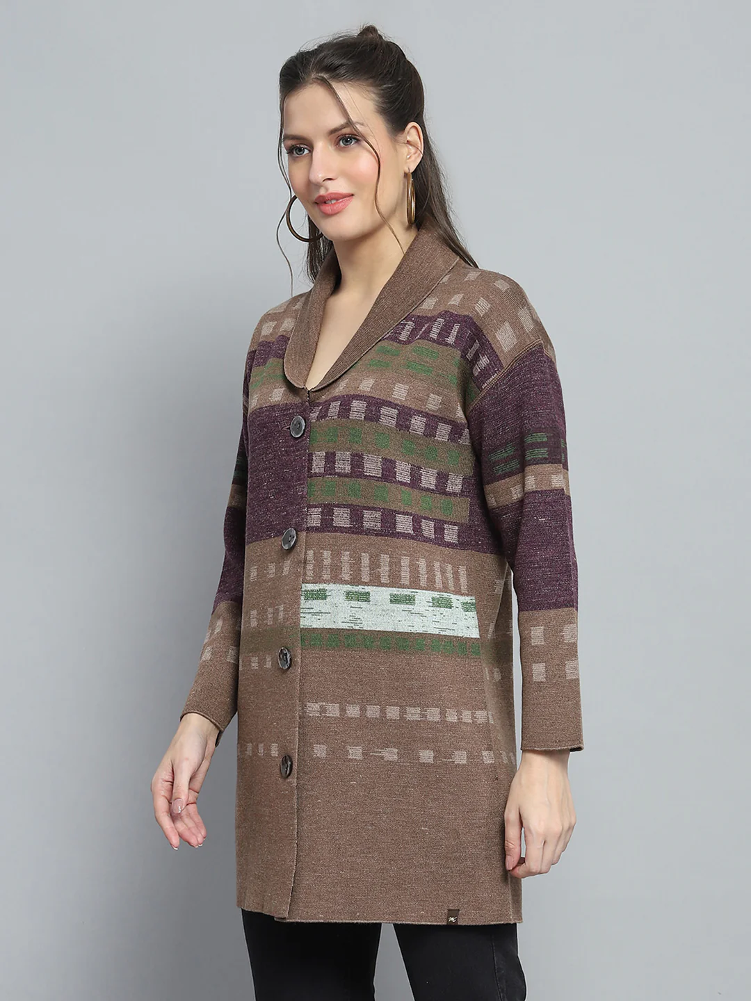 Women Brown Self Design Collar Full Sleeve Cardigan - Image 3