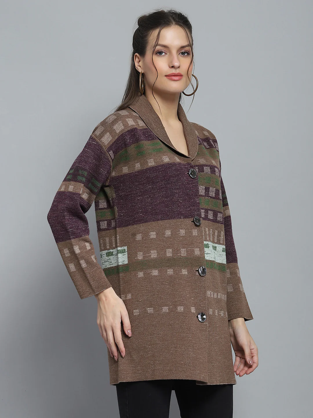 Women Brown Self Design Collar Full Sleeve Cardigan - Image 4