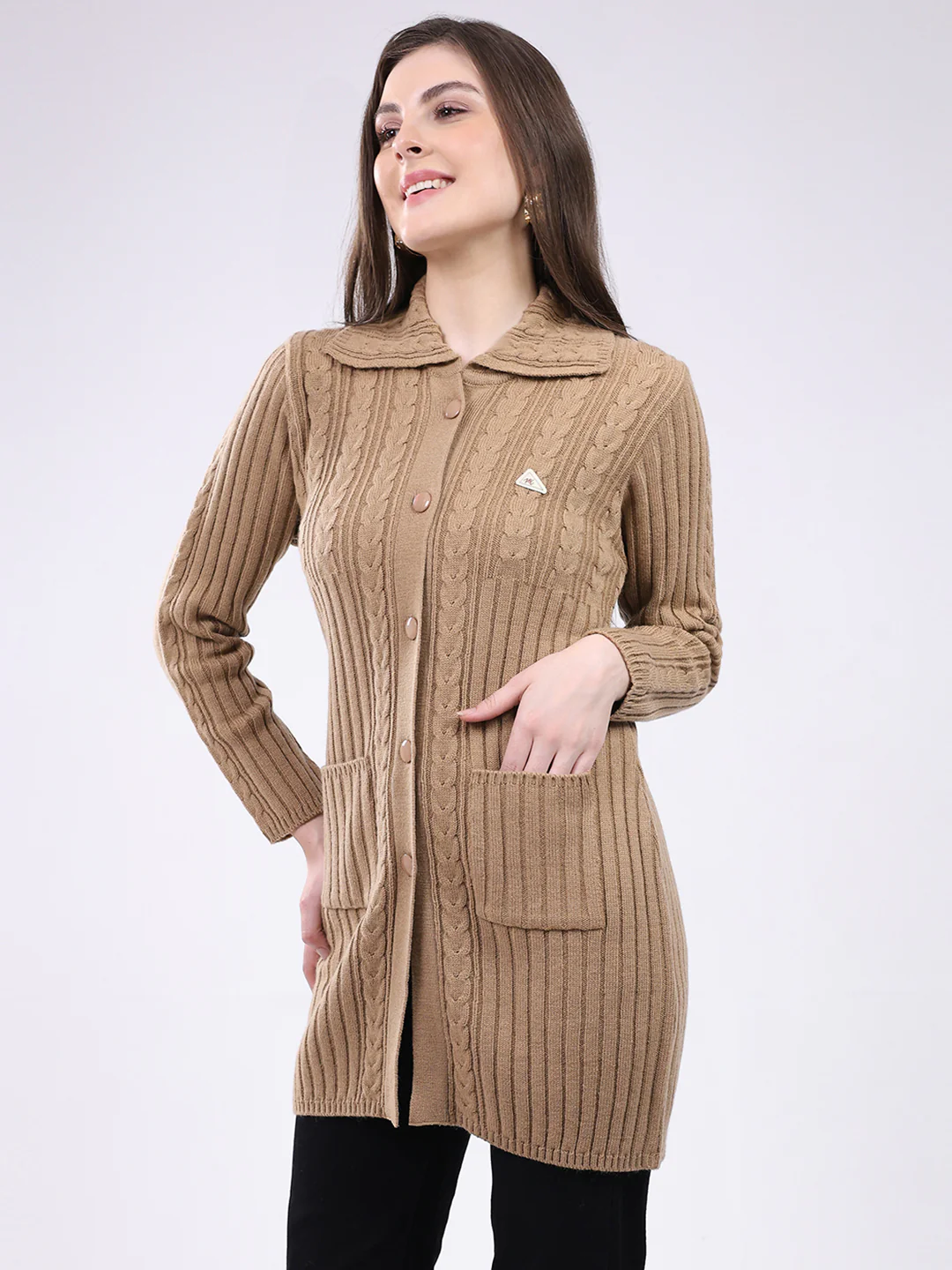 Women Brown Self Design Collar Full Sleeve Cardigan - Image 3