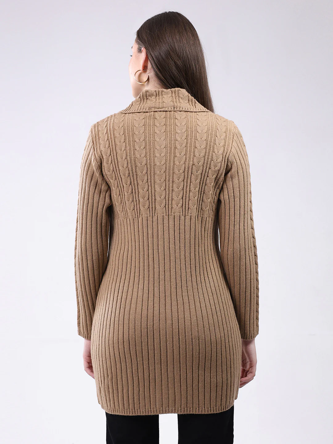 Women Brown Self Design Collar Full Sleeve Cardigan - Image 5