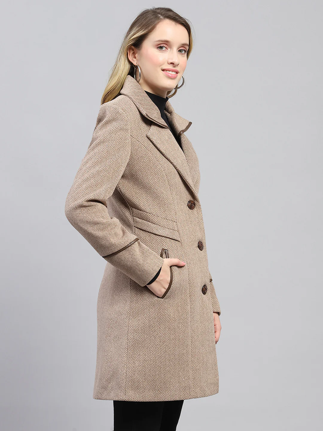 Women Brown Self Design Collar Full Sleeve Coat - Image 4