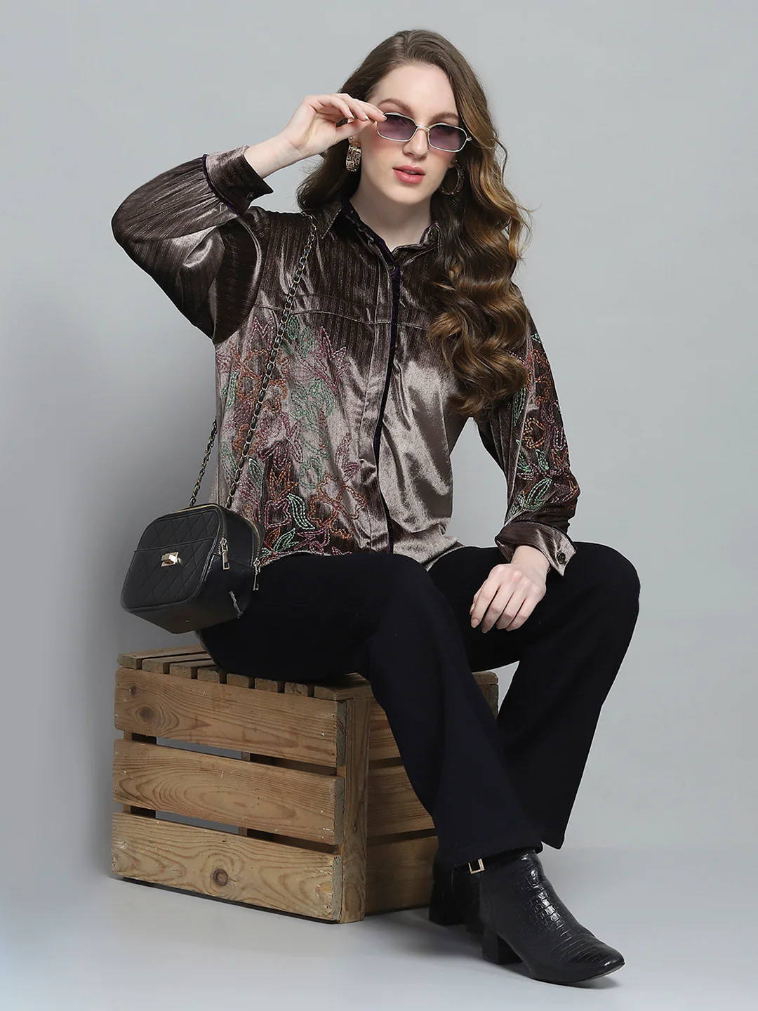 Women Brown Self Design Collar Full Sleeve Winter Shirt - Image 2