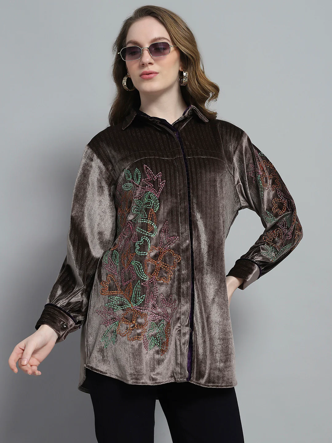 Women Brown Self Design Collar Full Sleeve Winter Shirt - Image 6