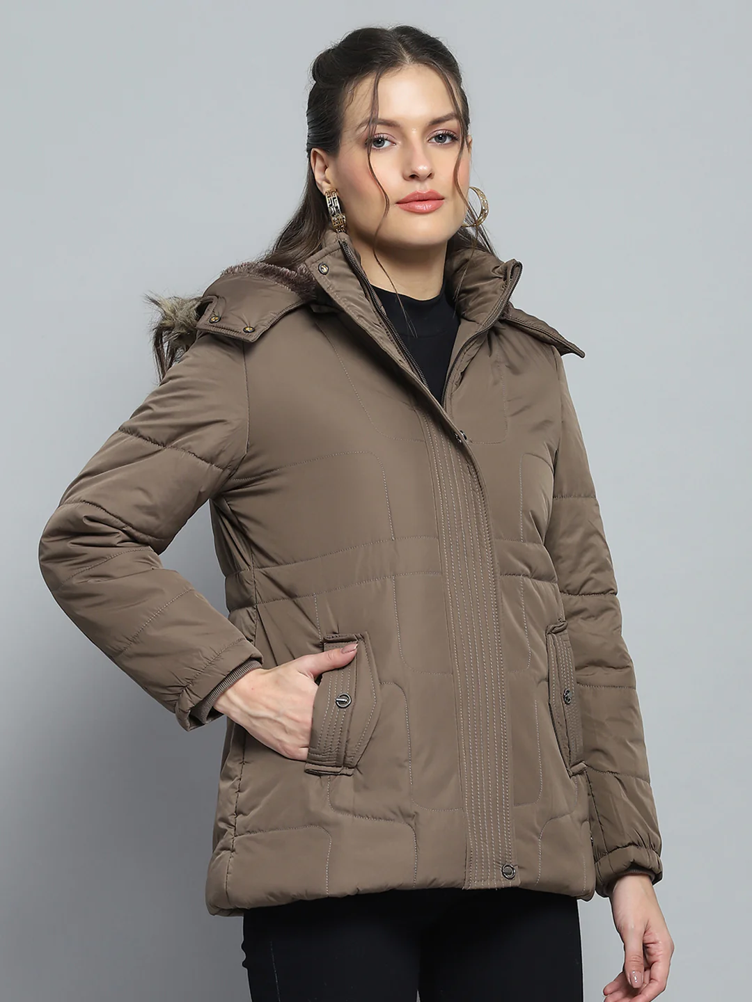 Women Brown Self Design Detachable Hood Full Sleeve Jacket - Image 4
