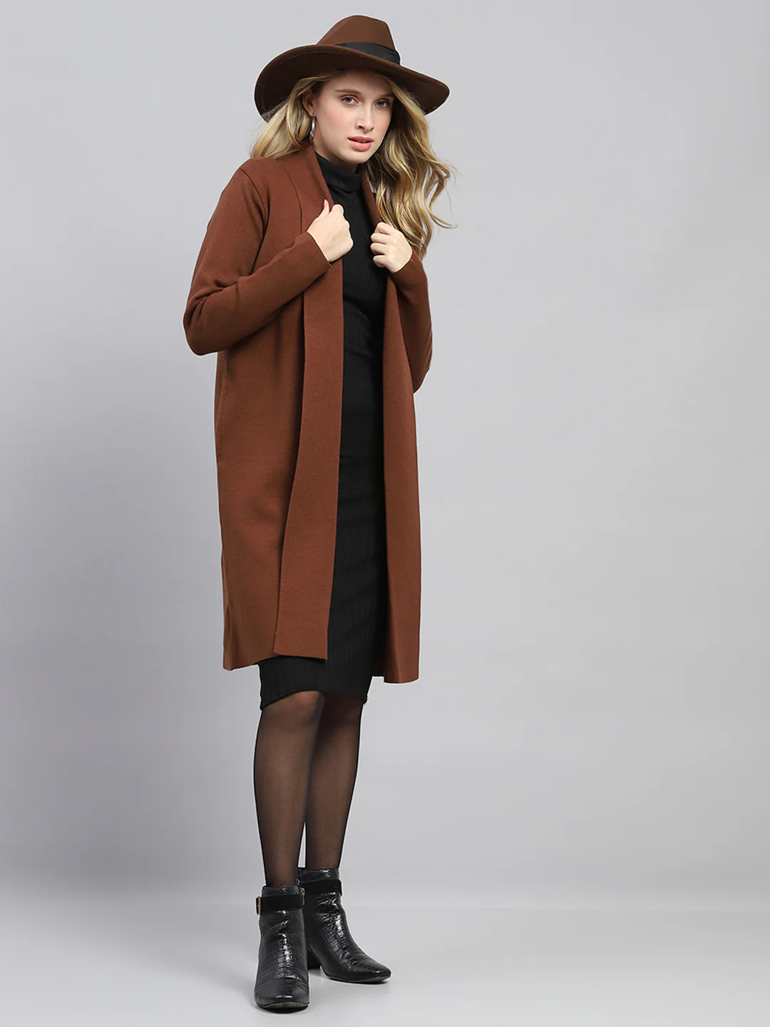 Women Brown Self Design Front Open Full Sleeve Cardigan - Image 5