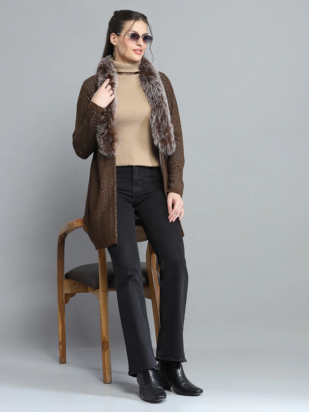 Women Brown Self Design Front Open Full Sleeve Cardigan - Image 2