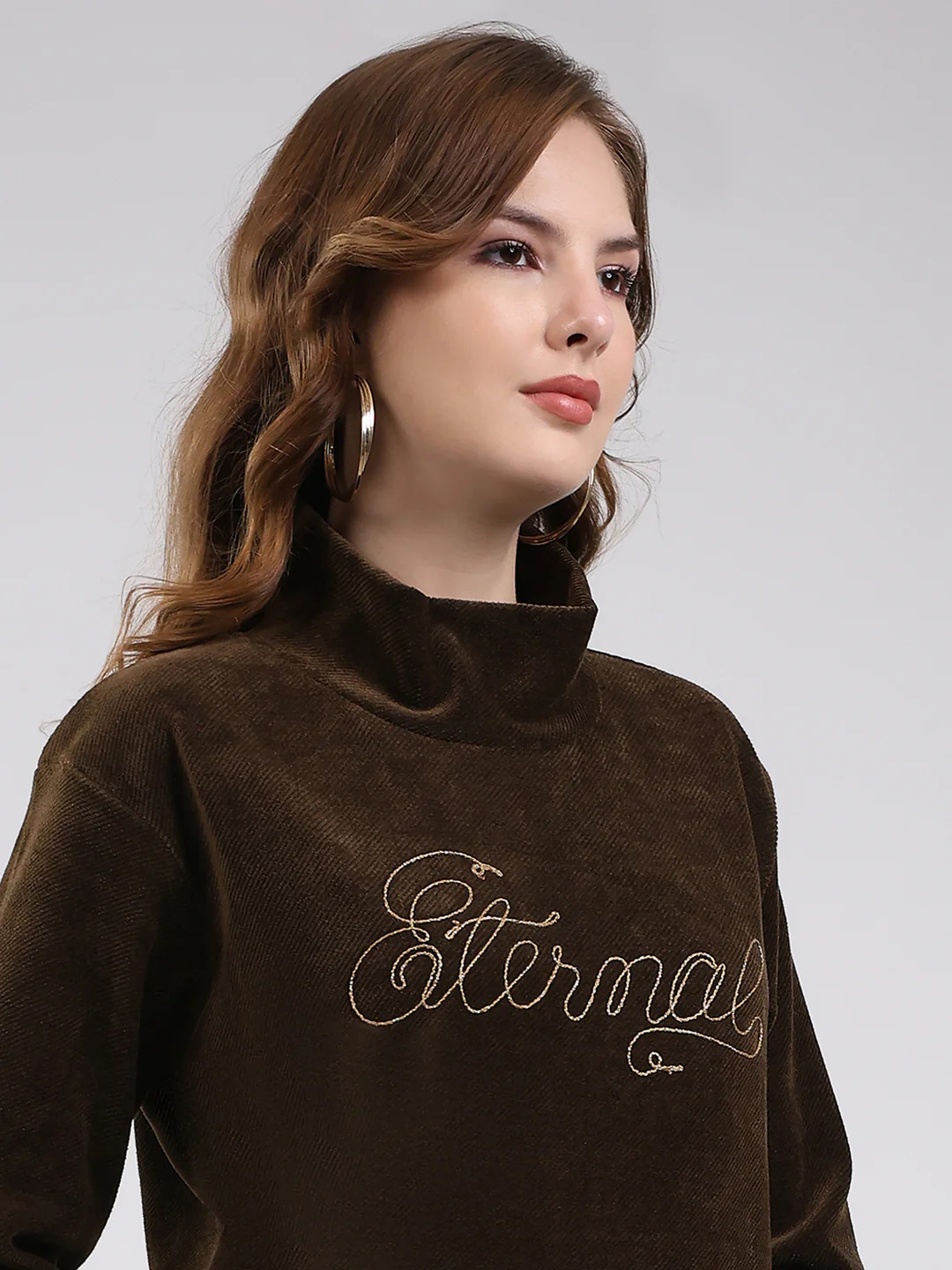 Women Brown Self Design High Neck Full Sleeve Sweatshirt - Image 7