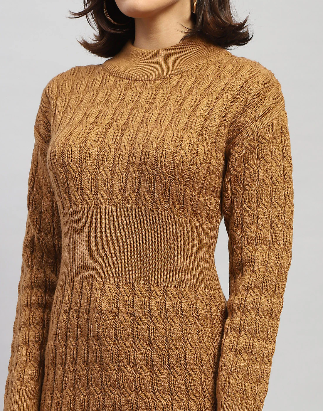 Women Brown Self Design High Neck Full Sleeve Winter Top - Image 6