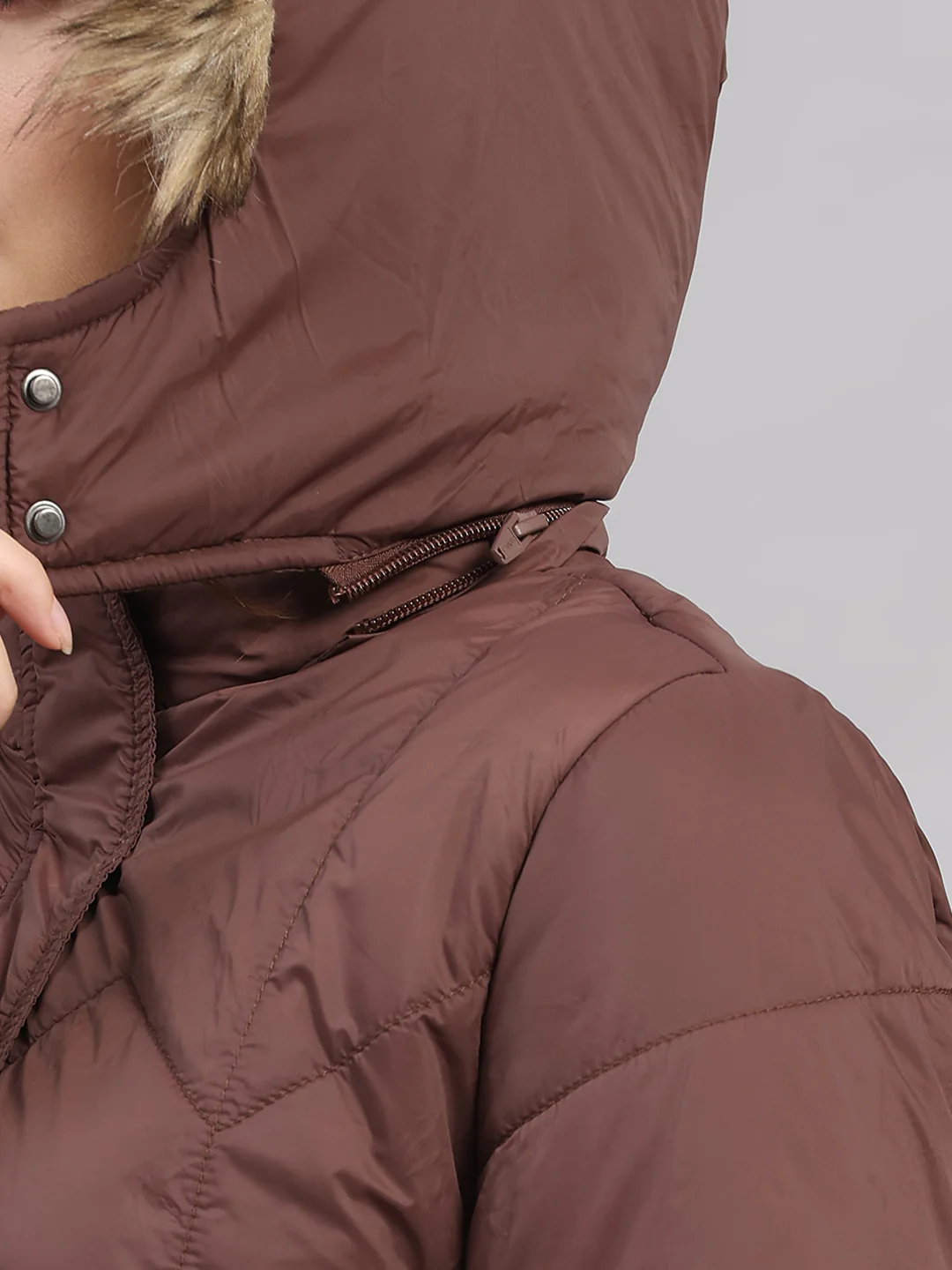 Women Brown Self Design Hooded Full Sleeve Jacket - Image 7
