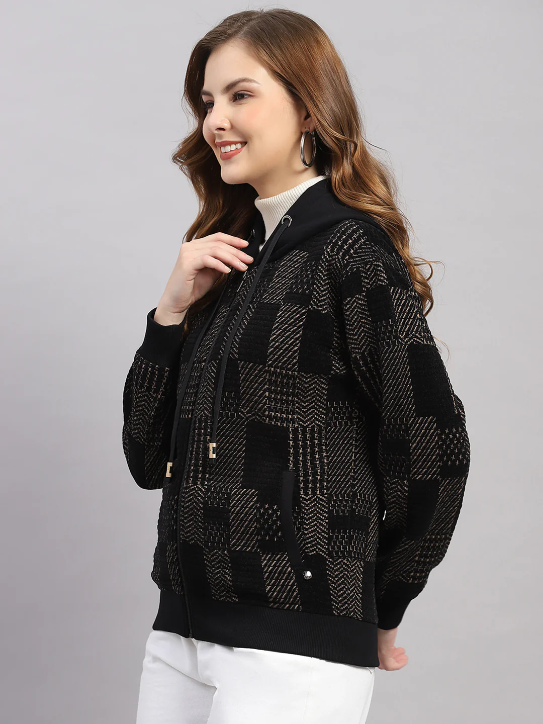 Women Brown Self Design Hooded Full Sleeve Sweatshirt - Image 3