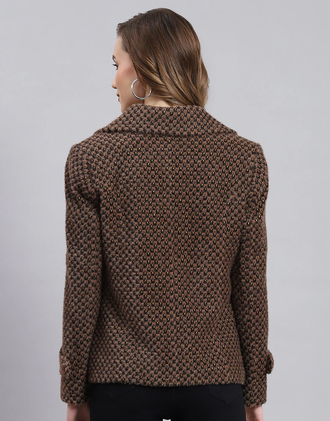 Women Brown Self Design Lapel Collar Full Sleeve Coat - Image 5