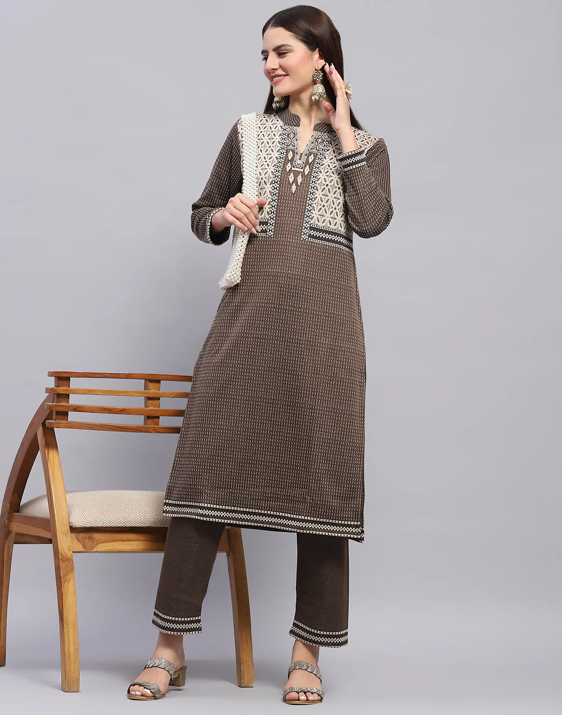 Women Brown Self Design Mandarin Collar Full Sleeve Kurtis + Lower Set - Image 2