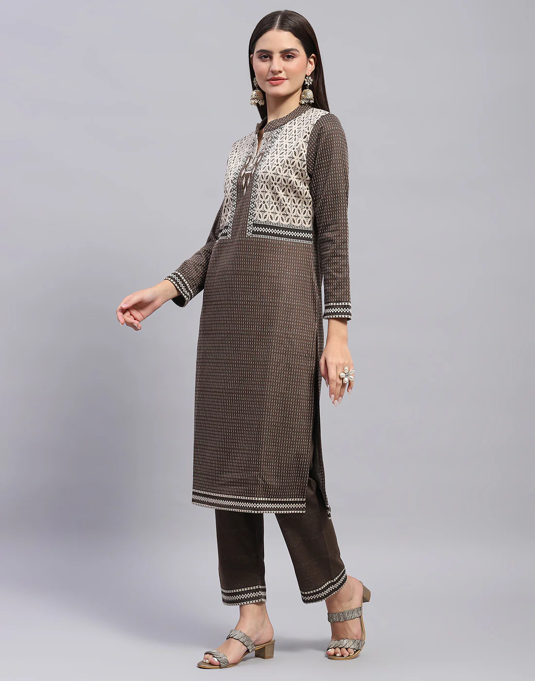 Women Brown Self Design Mandarin Collar Full Sleeve Kurtis + Lower Set - Image 4