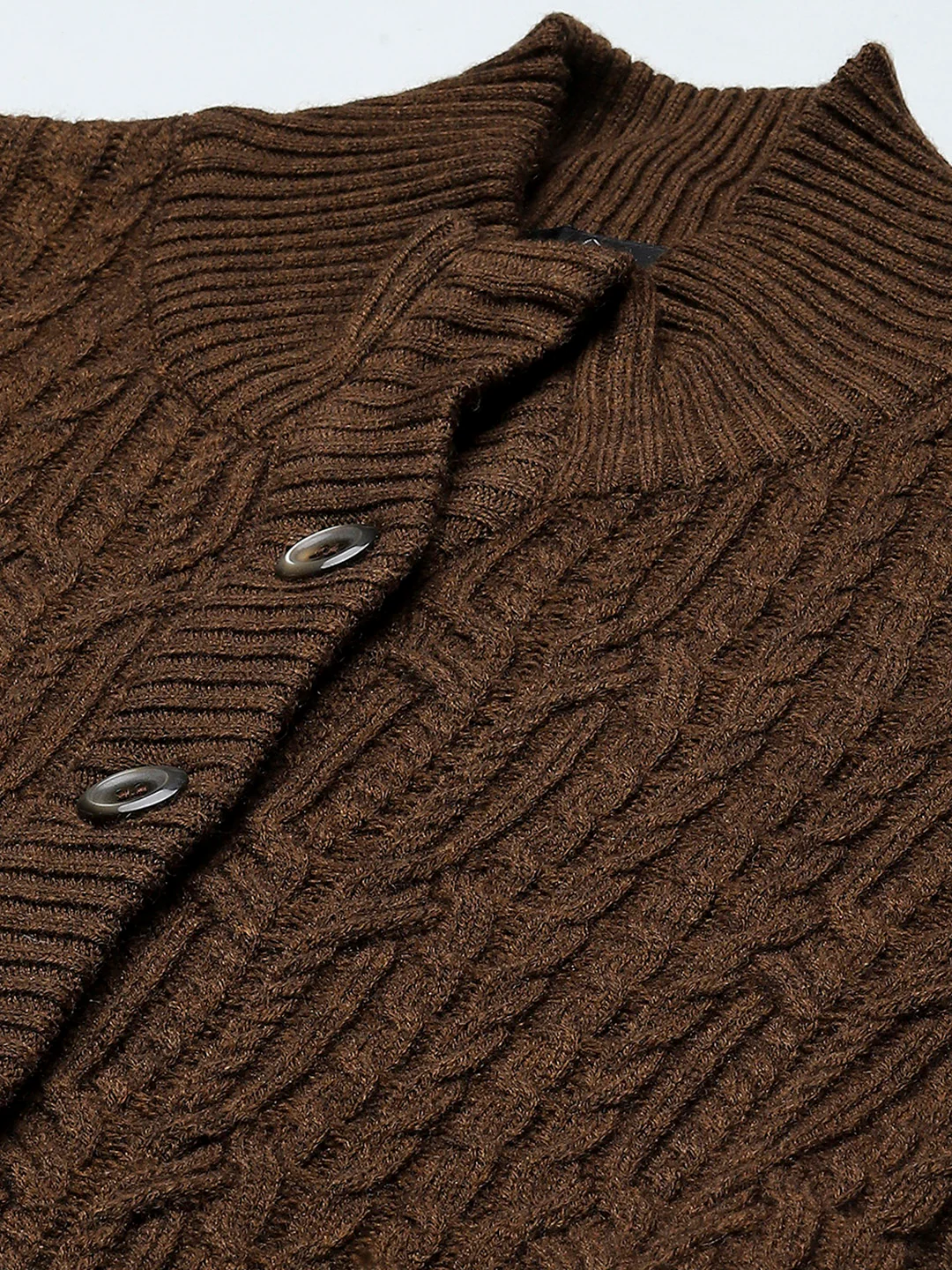 Women Brown Self Design Mock Neck Full Sleeve Cardigan - Image 7