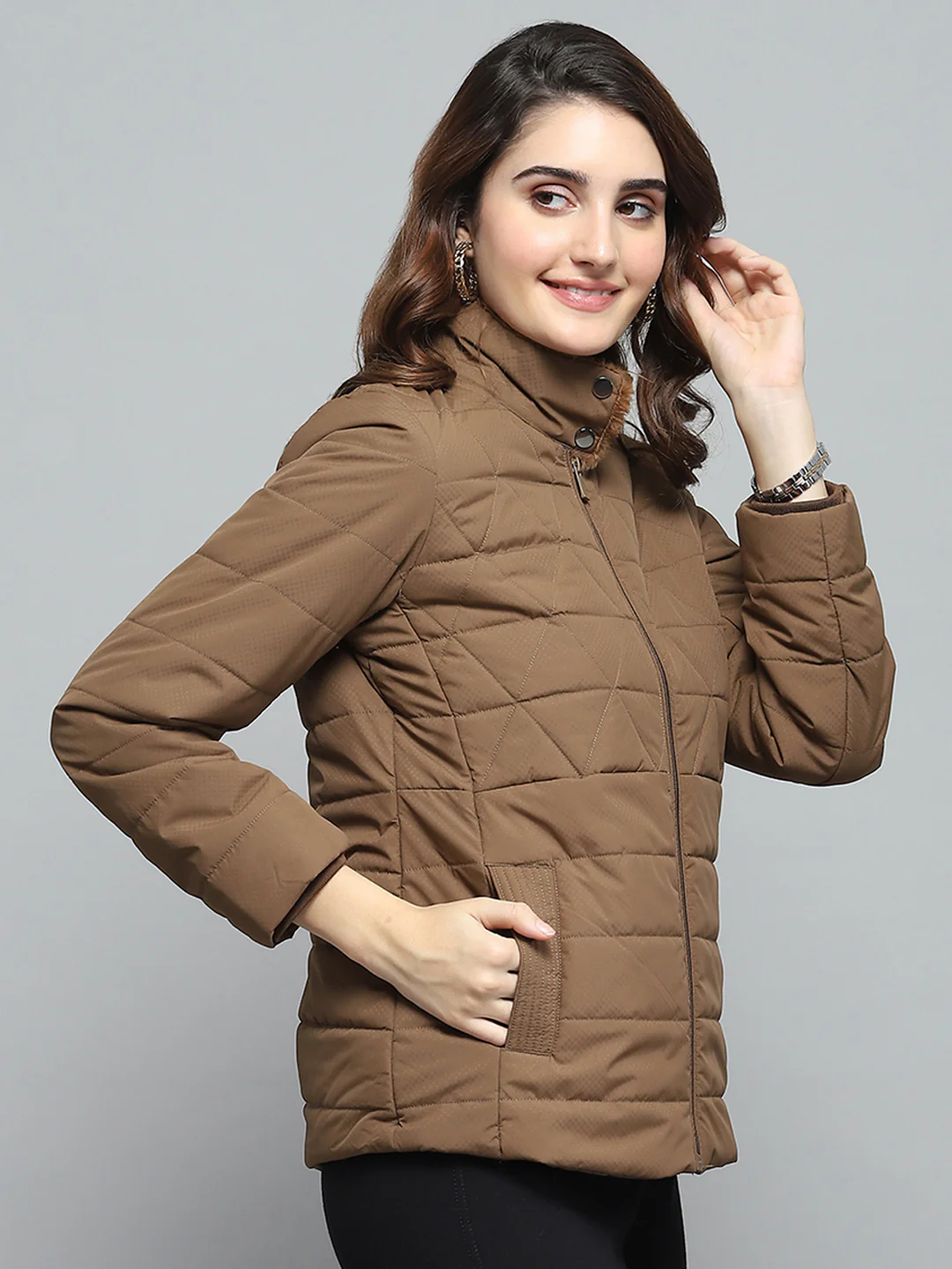 Women Brown Self Design Mock Neck Full Sleeve Jacket - Image 3
