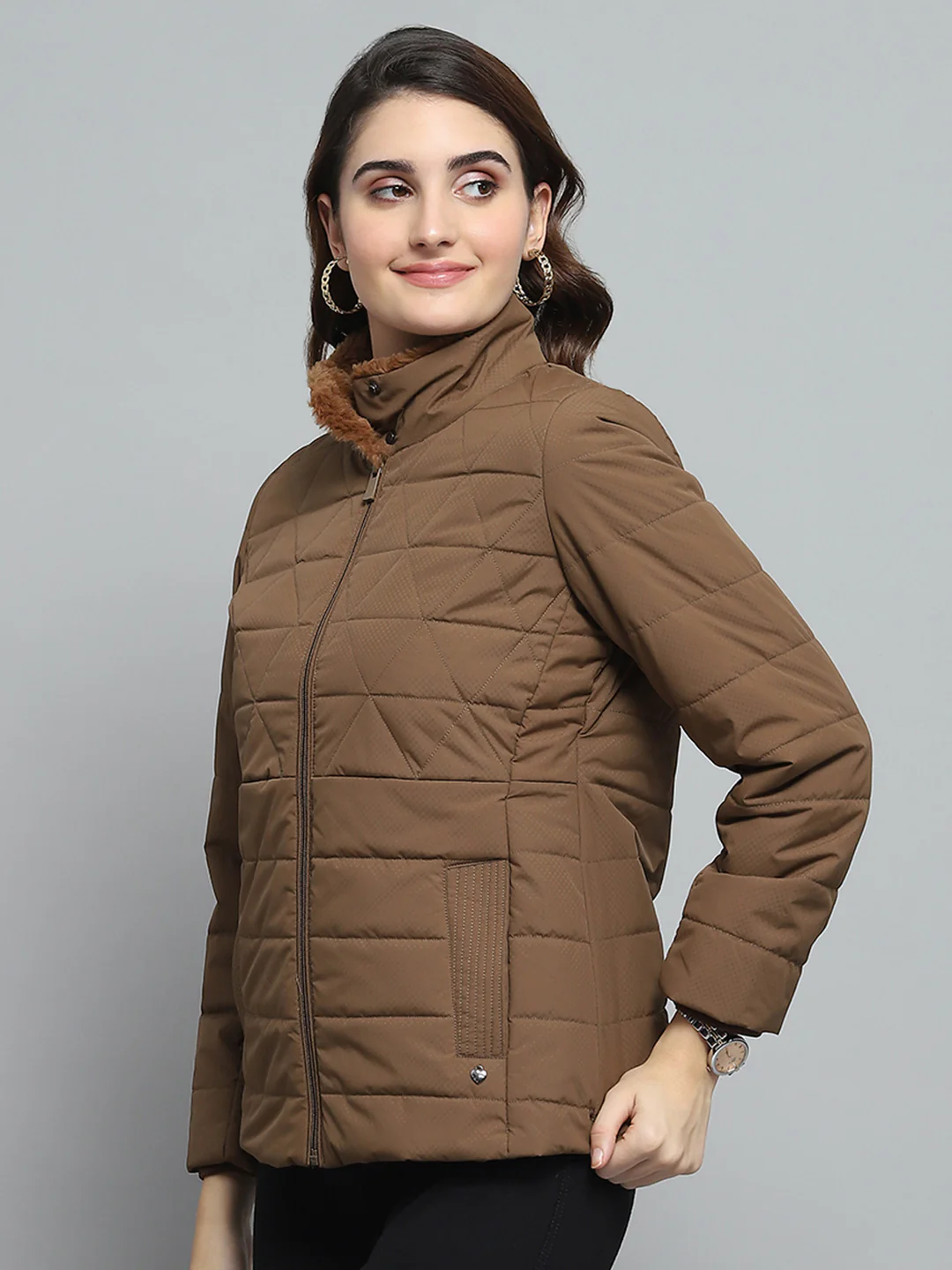 Women Brown Self Design Mock Neck Full Sleeve Jacket - Image 4